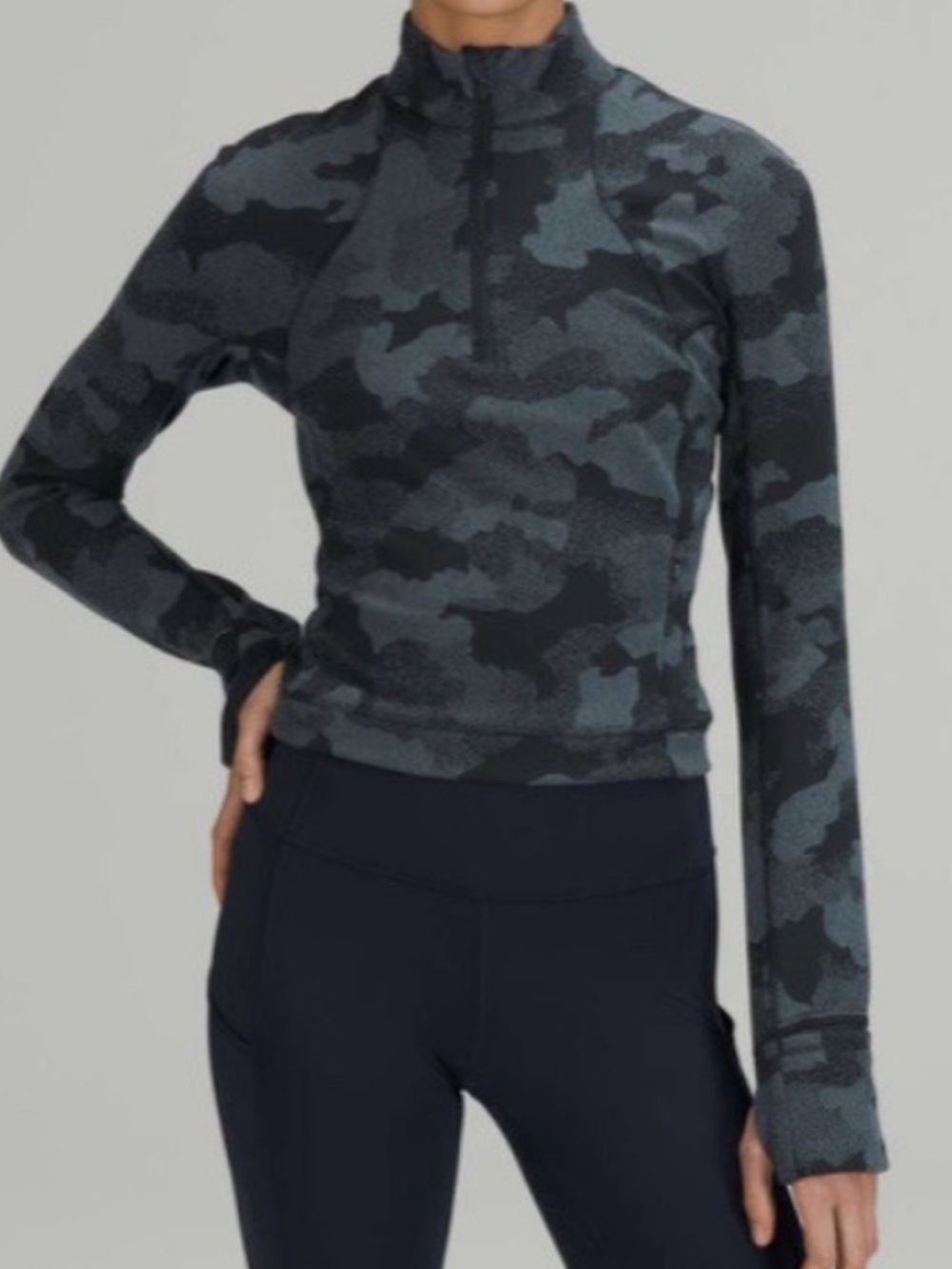 LULULEMON Black Camo 1/2 Zip Cropped Long Sleeve Top